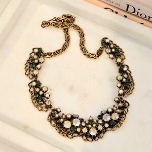 FLORENZA Gold Tone Green And AB Rhinestines Necklace.
